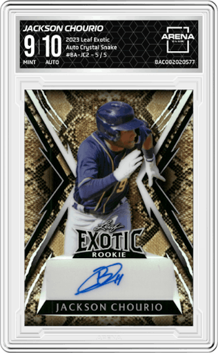 Jackson Chourio from the 2023 Leaf Exotic  set featuring a Crystal Snake parallel graded by Arena Club and given an overall grade of 9.