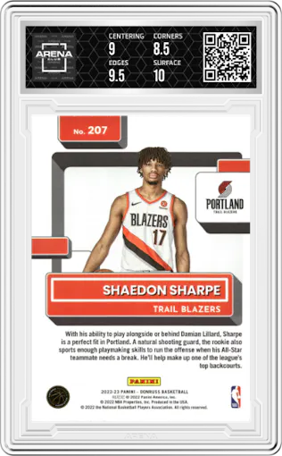Shaedon Sharpe from the 2022-23 Panini Donruss set featuring a Yellow Flood parallel graded by Arena Club and given an overall grade of 9.
