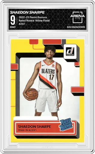 Shaedon Sharpe from the 2022-23 Panini Donruss set featuring a Yellow Flood parallel graded by Arena Club and given an overall grade of 9.