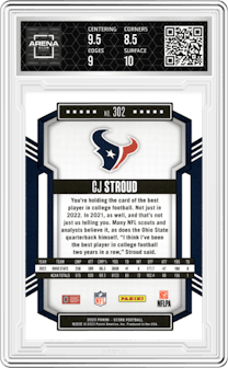 CJ Stroud from the 2023 Panini Score set featuring a Gold parallel graded by Arena Club and given an overall grade of 9.