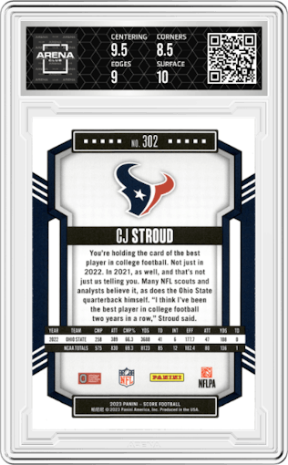 CJ Stroud from the 2023 Panini Score set featuring a Gold parallel graded by Arena Club and given an overall grade of 9.