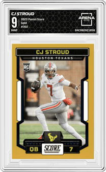 CJ Stroud from the 2023 Panini Score set featuring a Gold parallel graded by Arena Club and given an overall grade of 9.