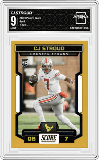 CJ Stroud from the 2023 Panini Score set featuring a Gold parallel graded by Arena Club and given an overall grade of 9.