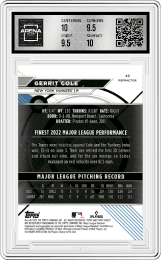 Gerrit Cole from the 2023 Topps Finest set featuring a Refractor parallel graded by Arena Club and given an overall grade of 10.