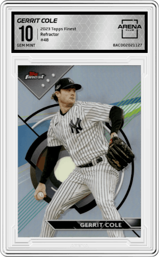 Gerrit Cole from the 2023 Topps Finest set featuring a Refractor parallel graded by Arena Club and given an overall grade of 10.