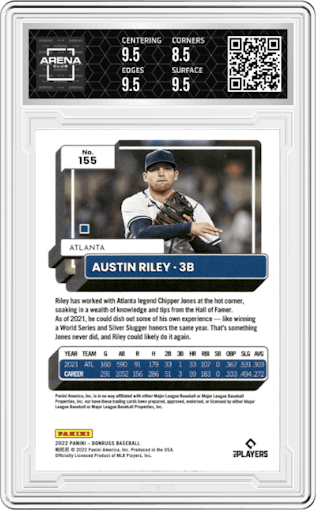 Austin Riley from the 2022 Panini Donruss set featuring a Red parallel graded by Arena Club and given an overall grade of 9.