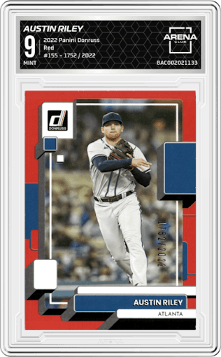 Austin Riley from the 2022 Panini Donruss set featuring a Red parallel graded by Arena Club and given an overall grade of 9.