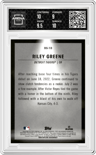 Riley Greene from the 2023 Bowman  set graded by Arena Club and given an overall grade of 9.5.