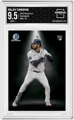 Riley Greene from the 2023 Bowman  set graded by Arena Club and given an overall grade of 9.5.