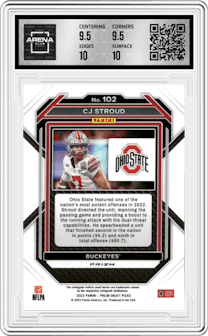 CJ Stroud from the 2023 Panini Prizm Draft Picks set featuring a Red Ice parallel graded by Arena Club and given an overall grade of 10.