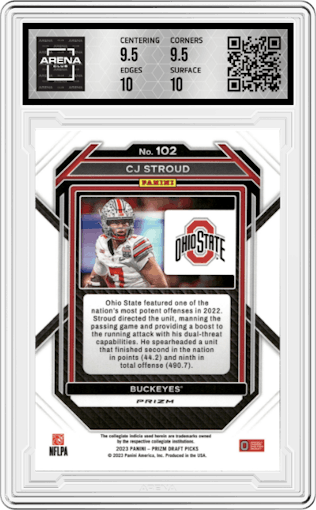 CJ Stroud from the 2023 Panini Prizm Draft Picks set featuring a Red Ice parallel graded by Arena Club and given an overall grade of 10.