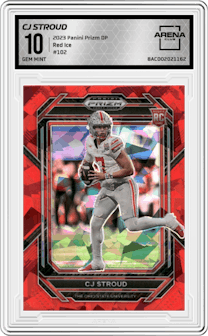 CJ Stroud from the 2023 Panini Prizm Draft Picks set featuring a Red Ice parallel graded by Arena Club and given an overall grade of 10.