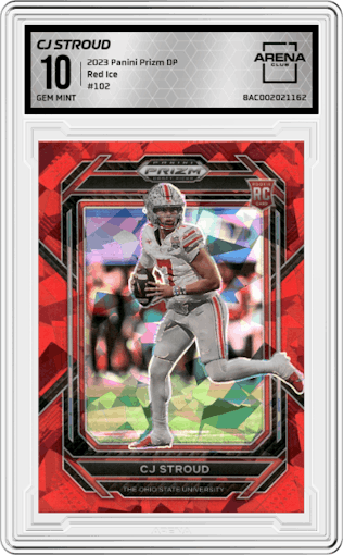 CJ Stroud from the 2023 Panini Prizm Draft Picks set featuring a Red Ice parallel graded by Arena Club and given an overall grade of 10.