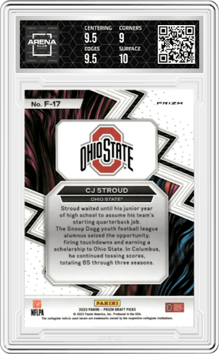 CJ Stroud from the 2023 Panini Prizm Draft Picks set featuring a Red Ice parallel graded by Arena Club and given an overall grade of 9.5.