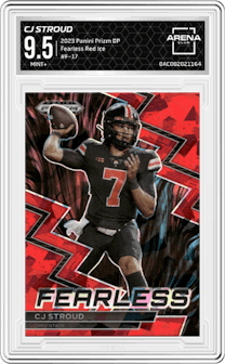 CJ Stroud from the 2023 Panini Prizm Draft Picks set featuring a Red Ice parallel graded by Arena Club and given an overall grade of 9.5.