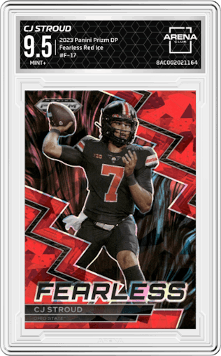 CJ Stroud from the 2023 Panini Prizm Draft Picks set featuring a Red Ice parallel graded by Arena Club and given an overall grade of 9.5.