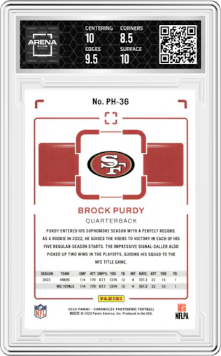 Brock Purdy from the 2022 Panini Chronicles set graded by Arena Club and given an overall grade of 9.