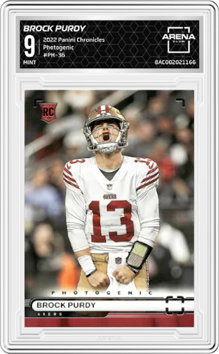 Brock Purdy from the 2022 Panini Chronicles set graded by Arena Club and given an overall grade of 9.