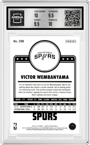 Victor Wembanyama from the 2023-24 Panini NBA Hoops set graded by Arena Club and given an overall grade of 10.