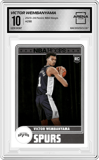 Victor Wembanyama from the 2023-24 Panini NBA Hoops set graded by Arena Club and given an overall grade of 10.