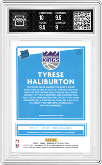 Tyrese Haliburton from the 2020-21 Panini Donruss Optic set graded by Arena Club and given an overall grade of 9.5.