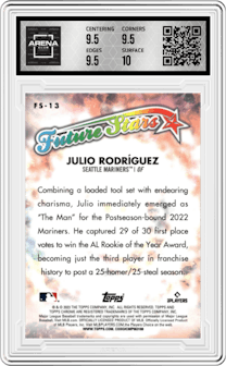 Julio Rodriguez from the 2023 Topps Chrome set graded by Arena Club and given an overall grade of 10.