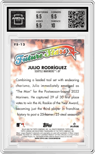 Julio Rodriguez from the 2023 Topps Chrome set graded by Arena Club and given an overall grade of 10.