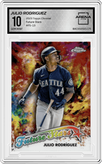 Julio Rodriguez from the 2023 Topps Chrome set graded by Arena Club and given an overall grade of 10.