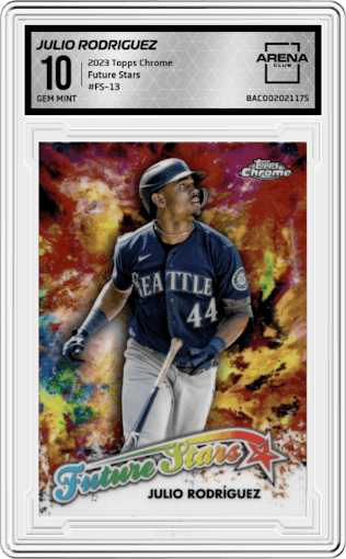 Julio Rodriguez from the 2023 Topps Chrome set graded by Arena Club and given an overall grade of 10.
