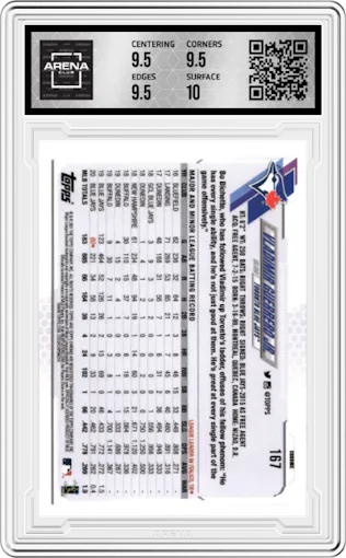 Vladimir Guerrero Jr. from the 2021 Topps Chrome set featuring a Negative Refractor parallel graded by Arena Club and given an overall grade of 10.