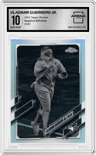 Vladimir Guerrero Jr. from the 2021 Topps Chrome set featuring a Negative Refractor parallel graded by Arena Club and given an overall grade of 10.