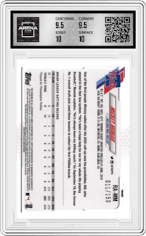 Mickey Moniak from the 2021 Topps Chrome set featuring a Blue Refractor  parallel graded by Arena Club and given an overall grade of 10.