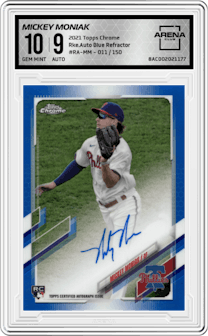 Mickey Moniak from the 2021 Topps Chrome set featuring a Blue Refractor  parallel graded by Arena Club and given an overall grade of 10.