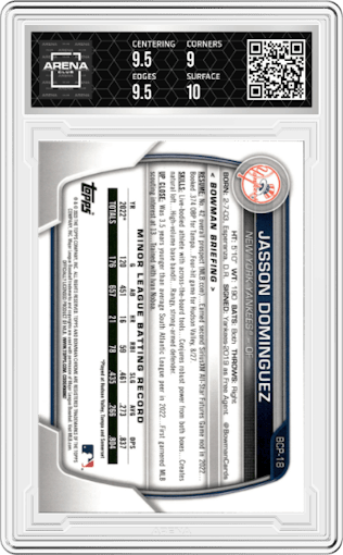 Jasson Dominguez from the 2023 Bowman Mega Box set graded by Arena Club and given an overall grade of 9.5.