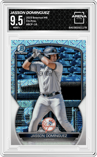 Jasson Dominguez from the 2023 Bowman Mega Box set graded by Arena Club and given an overall grade of 9.5.