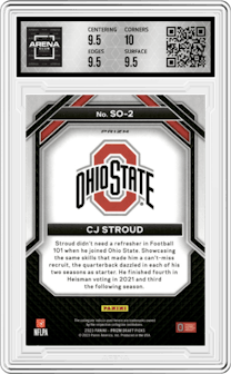 C.J. Stroud from the 2023 Panini Prizm Draft Picks set featuring a Green Prizm parallel graded by Arena Club and given an overall grade of 10.