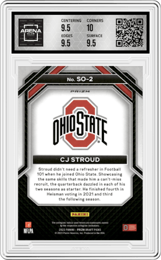 C.J. Stroud from the 2023 Panini Prizm Draft Picks set featuring a Green Prizm parallel graded by Arena Club and given an overall grade of 10.