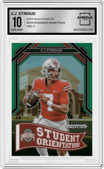 C.J. Stroud from the 2023 Panini Prizm Draft Picks set featuring a Green Prizm parallel graded by Arena Club and given an overall grade of 10.