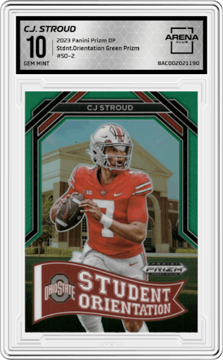 C.J. Stroud from the 2023 Panini Prizm Draft Picks set featuring a Green Prizm parallel graded by Arena Club and given an overall grade of 10.