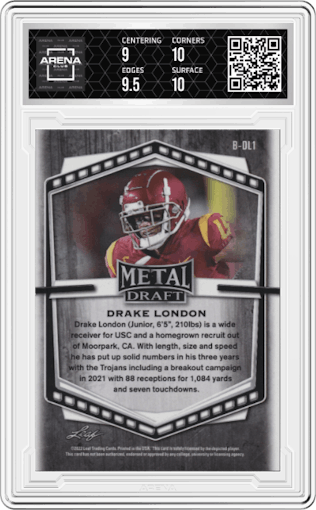 Drake London from the 2022 Leaf Draft set featuring a Black Metal Prismatic parallel graded by Arena Club and given an overall grade of 9.5.