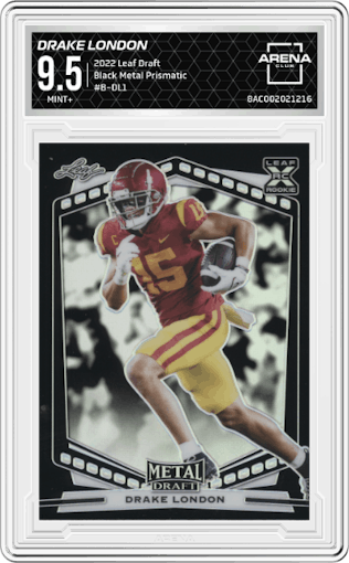 Drake London from the 2022 Leaf Draft set featuring a Black Metal Prismatic parallel graded by Arena Club and given an overall grade of 9.5.
