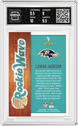 Lamar Jackson from the 2018 Panini Playoff set graded by Arena Club and given an overall grade of 9.5.