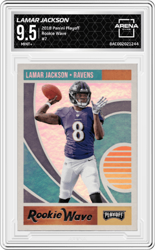 Lamar Jackson from the 2018 Panini Playoff set graded by Arena Club and given an overall grade of 9.5.