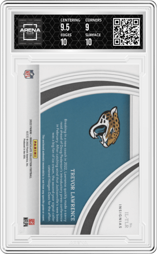 Trevor Lawrence from the 2022 Panini Immaculate Collection set graded by Arena Club and given an overall grade of 9.5.