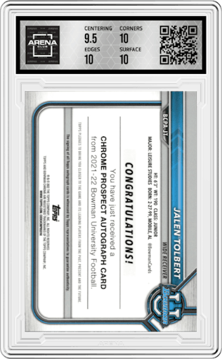 Jalen Tolbert from the 2021-22 Bowman University set graded by Arena Club and given an overall grade of 10.