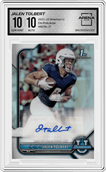 Jalen Tolbert from the 2021-22 Bowman University set graded by Arena Club and given an overall grade of 10.