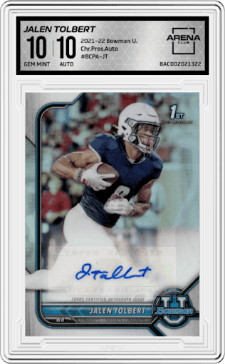 Jalen Tolbert from the 2021-22 Bowman University set graded by Arena Club and given an overall grade of 10.