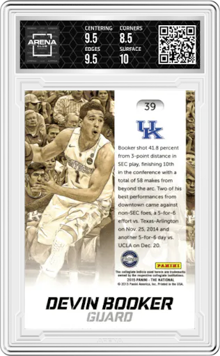 Devin Booker from the 2015 Panini The National VIP set graded by Arena Club and given an overall grade of 9.