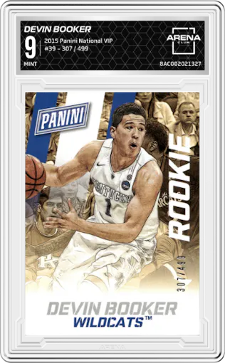 Devin Booker from the 2015 Panini The National VIP set graded by Arena Club and given an overall grade of 9.