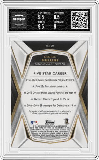 Cedric Mullins from the 2019 Topps Five Star set graded by Arena Club and given an overall grade of 9.